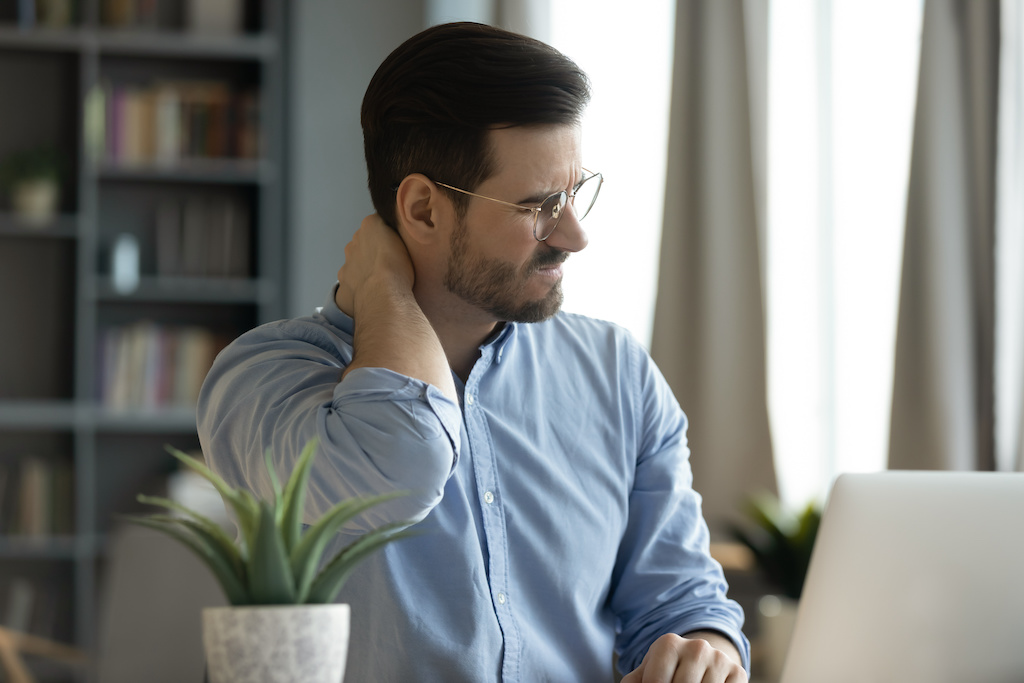 man sit desk regular break health sleep ergonomic head rest pillow computer how to fix work from home help